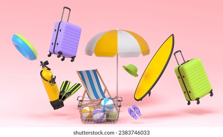 Colorful luggage with beach accessories and shopping basket flying on pink background. 3D render of summer vacation concept and holidays - Powered by Shutterstock