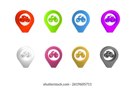 Colorful Map pointer with bicycle icon isolated on white background. Minimalism concept. 3D render illustration 