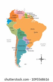 Colorful Map Of South America With Division Of Countries And Their Capitals