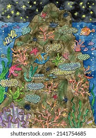 Colorful Marine Fantasy Illustration Of Of Beautiful Underwater Mountain, Reef Or Shelf With Corals, Seagrass And Shellfish.  Nautical Vintage Drawings, Watercolor Paintings