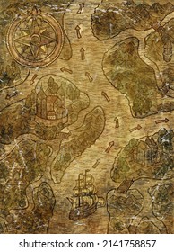 Colorful Marine Fantasy illustration of of old pirate map of treasure hunt with sailing ship, compass and unknown land. Nautical vintage drawings, watercolor painting with grunge paper texture.