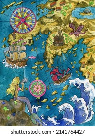 Colorful Marine Fantasy illustration of of old pirate map of treasure hunt with sailing ship, beautiful mermaid, compass and unknown land, islands. Nautical vintage drawings, watercolor painting.