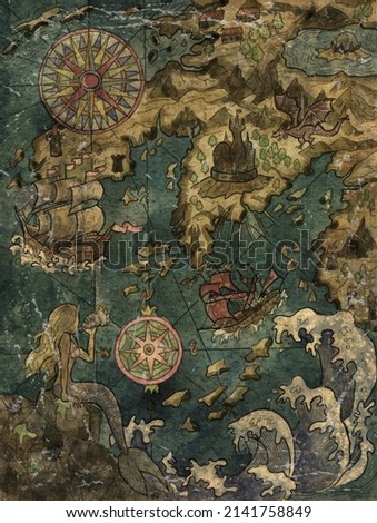 Colorful Marine Fantasy illustration of of old pirate map of treasure hunt with sailing ship, mermaid, compass and unknown land, islands. Nautical vintage drawings, watercolor painting.