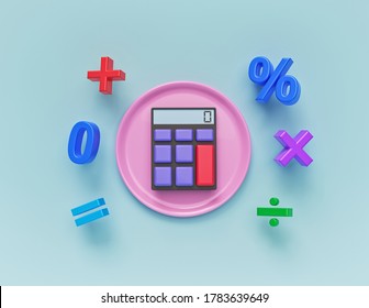 Colorful Math Symbols, Icons Set With Calculator. Minimal Design. 3d Rendering