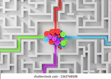 Colorful Mechanical Brain With Cogs And Gears Inside Complicated White Maze. Concept Of Consciousness Work Mechanisms. 3d Rendering