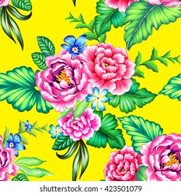 Colorful Mexican Floral Pattern With Beautiful Folk Flowers, Great Details And  Amazing Botanical Illustration. Seamless Design