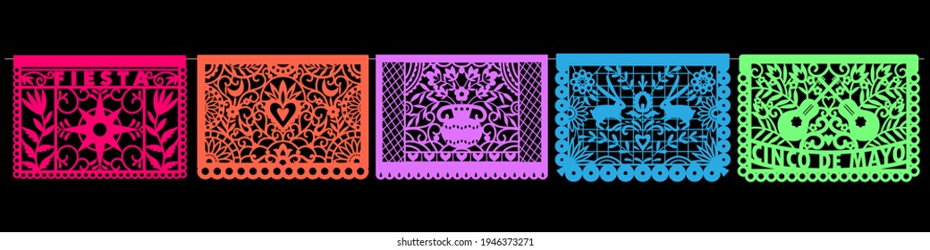 Colorful Mexican Perforated Papel Picado Banner. Mexican Papel Picado Design