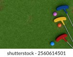 Colorful mini golf clubs and balls on green grass. Top view 3d rendering