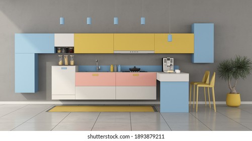 Colorful Minimalist Kitchen With Peninsula And Stools - 3d Rendering