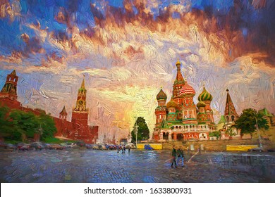 Colorful morning sky with Moscow Kremlin and Saint Basil's Cathedral on Red Square, which is the most popular tourist attraction in Moscow, Russia.- oil painting.