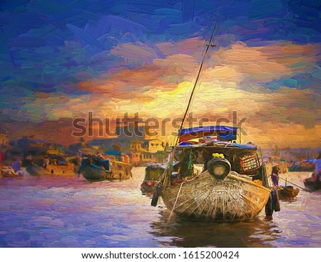Colorful morning sunrise with lifestyle of local vietnamese living in a boat at Can Tho, most famous and biggest floating market in Mekong Delta, Vietnam- oil painting.