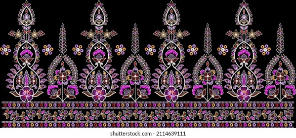 Colorful  Mughal Art Style Embroidery Stitches Border Designs Pattern Illustration 