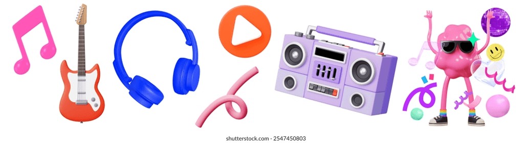 Colorful music icons with guitar, headphones, boombox, and playful character. Music, guitar, and headphones in vibrant, fun design. Music and fun elements. Entertainment illustrations isolated. - Powered by Shutterstock