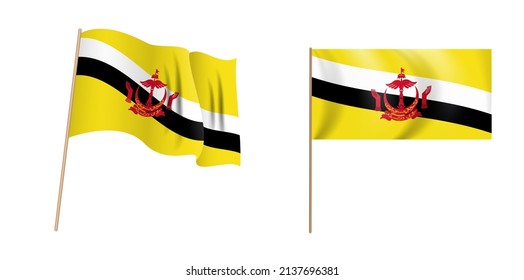 Colorful naturalistic waving flag of Nation of Brunei, the Abode of Peace.  Illustration.