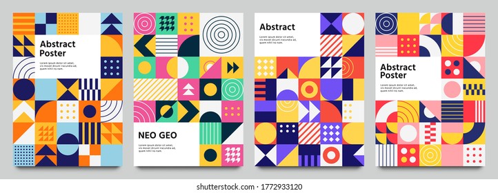 Colorful neo geometric poster. Grid with color geometrical shapes. Modern abstract promotional flyer background  illustration set. Geometric template poster, brochure neo pattern