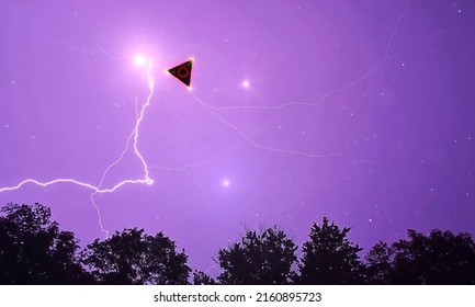 Colorful Neon UFO Unidentified Flying Object, Using Worm Hole And Lightning Storm To Open Gate With Colorful Space Orbsstars In Purple Sky Electrically Charged-photography Art-digital Art-Fantasy Art