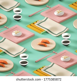 Colorful Nigiri Salmon Sushi with Japanese Cutlery Pattern Isometric 3D Rendering. All pastel flat colors set design sushi, chopstick, napkins and sauces patterned arrangement. - Powered by Shutterstock