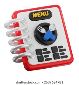 Colorful notebook featuring a menu theme, ideal for children's activities, school projects, or menu planning.