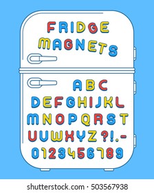 Colorful Numbers And Alphabet Refrigerator Magnets On Doors Over Blue Background