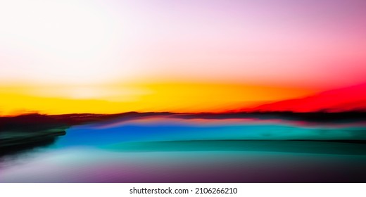 Colorful ocean, island, and sky background image with space for texts and design. Sunrise and sunset seascape of motion blur photography.
