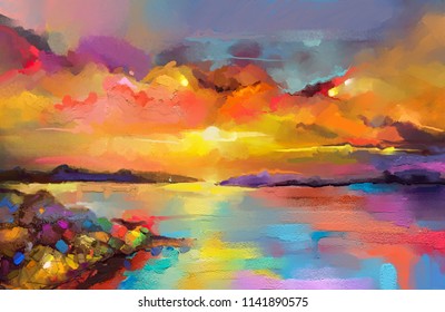 Colorful oil painting on canvas texture. Impressionism image of seascape paintings with sunlight background. Modern art oil paintings of sunset over sea and beach. Abstract contemporary art 