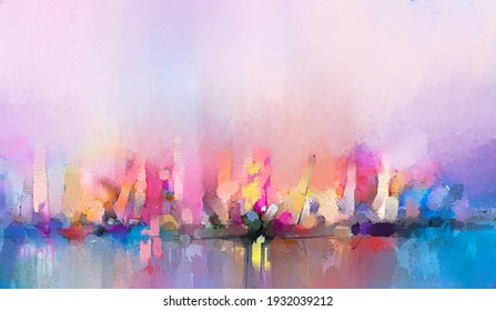Colorful oil painting on canvas texture. Impressionism image of seascape paintings with sunlight background. Modern art oil paintings with boat, sail on sea. Abstract contemporary art for background