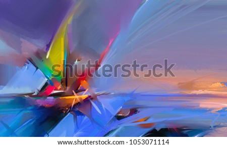 Colorful oil painting on canvas texture. Semi- abstract image of seascape paintings with sunlight background. Modern art oil paintings with boat, sail on sea. Abstract contemporary art for background