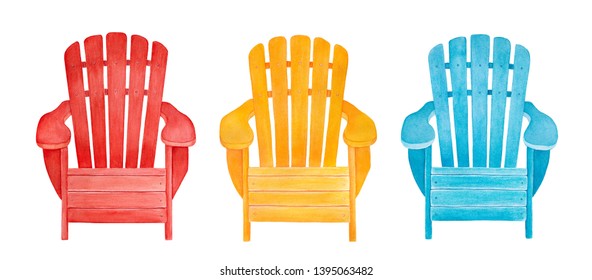 Colorful outdoor lounge chair collection. Cute summer time illustration. Hand drawn watercolour graphic drawing, cutout clip art elements for creative design decoration, print, greeting card, frame.
