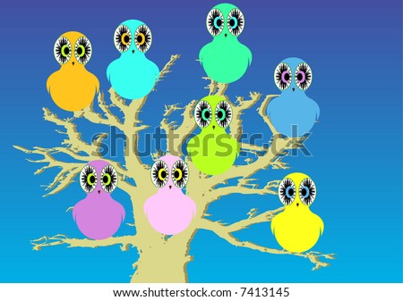 colorful owls in tree