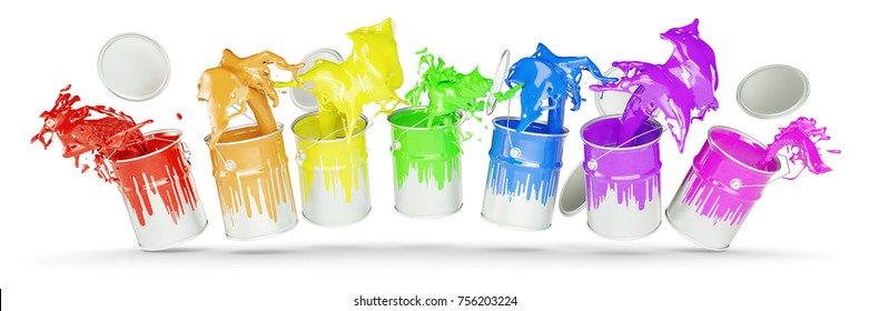 Colorful Paint Buckets As Rainbow Color Palette (3D Rendering)