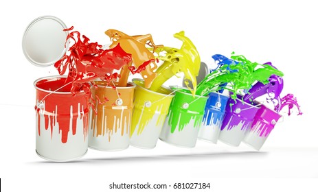 Colorful Paint Buckets Splashing Rainbow Colors (3D Rendering)