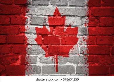 colorful painted national flag of canada on a old brick wall