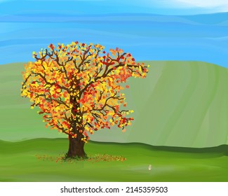 Colorful painting of an autumn tree in a meadow, with a rabbit looking on.