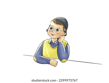 Colorful painting for design of a sweet and young religious Jewish boy leaning on the table with his hand and dreaming dreams for a boy shirt in light yellow colors - Powered by Shutterstock