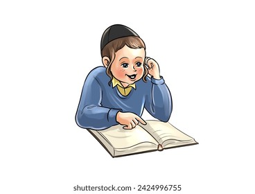 A colorful painting of a Hasidic Jewish boy learning Torah from a book