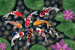 Colorful Painting Of Japanese Koi Fish In A Pond With Lotus Flowers, Bringer Of Good Luck Can Be Used As Wallpaper, Background, Profile