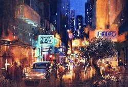 красочная живопись ночной улицы, иллюстрация искусства