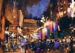 Colorful Painting Of Night Street,illustration Art