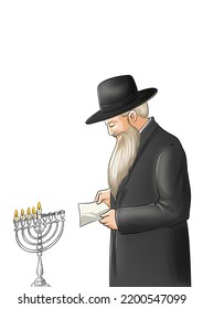 A Colorful Painting Of A Tzaddik Jewish Rabbi Lighting Hanukkah Candles With A Hat And Suit