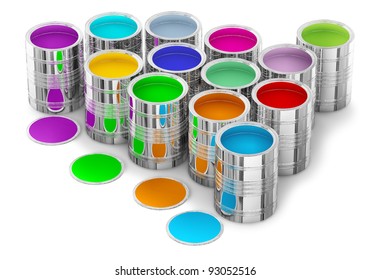 colorful paints in the cans for painting walls in new house