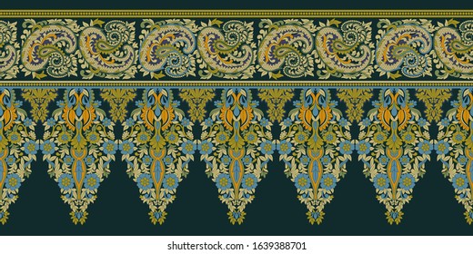 colorful paisley and baroque border with floral background old style pashmina shawl design for textile and digital print - Illustration