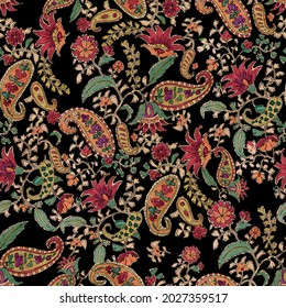 Colorful Paisley wallpaper. Vector Indonesian batik. Bright classic indian fabric. Paisley wallpaper. Ethnic background with paisley and stylized flowers. For textile, cover, wrapping paper, fabric