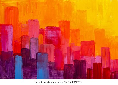 Colorful Panorama City Abstract Background. Original Oil Painting.