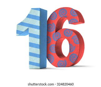 Colorful Paper Mache Number on a white background  - Number 16