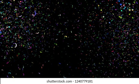 Colorful Paper Shoot, Celebration On Black, Shooting Confetti Paper Shoot, Twisted Ribbon, And Element Particle For Holiday Party And Celebration Decoration Concept In Black