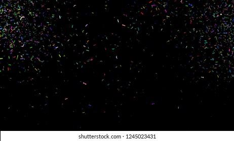 Colorful Paper Shoot, Celebration On Black, Shooting Confetti Paper Shoot, Twisted Ribbon, And Element Particle For Holiday Party And Celebration Decoration Concept In Black