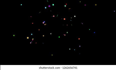 Colorful Paper Shoot, Celebration On Black, Shooting Confetti Paper Shoot, Twisted Ribbon, And Element Particle For Holiday Party And Celebration Decoration Concept In Black