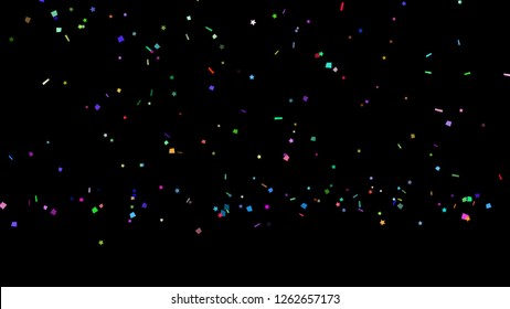 Colorful Paper Shoot, Celebration On Black, Shooting Confetti Paper Shoot, Twisted Ribbon, And Element Particle For Holiday Party And Celebration Decoration Concept In Black