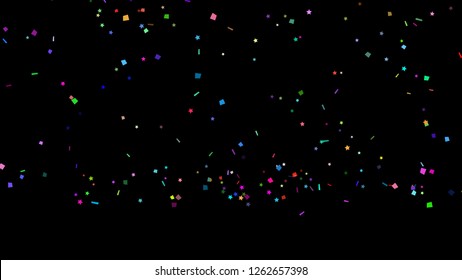 Colorful Paper Shoot, Celebration On Black, Shooting Confetti Paper Shoot, Twisted Ribbon, And Element Particle For Holiday Party And Celebration Decoration Concept In Black