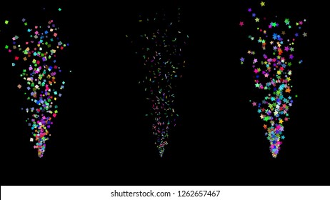 Colorful Paper Shoot, Celebration On Black, Shooting Confetti Paper Shoot, Twisted Ribbon, And Element Particle For Holiday Party And Celebration Decoration Concept In Black